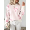 thumbnail image 2 of Women's Crew Neck Bow Jacquard Knit Sweater, Drop Shoulder Long Sleeve Loose Pullover Top for Christmas Holiday, 2 of 7