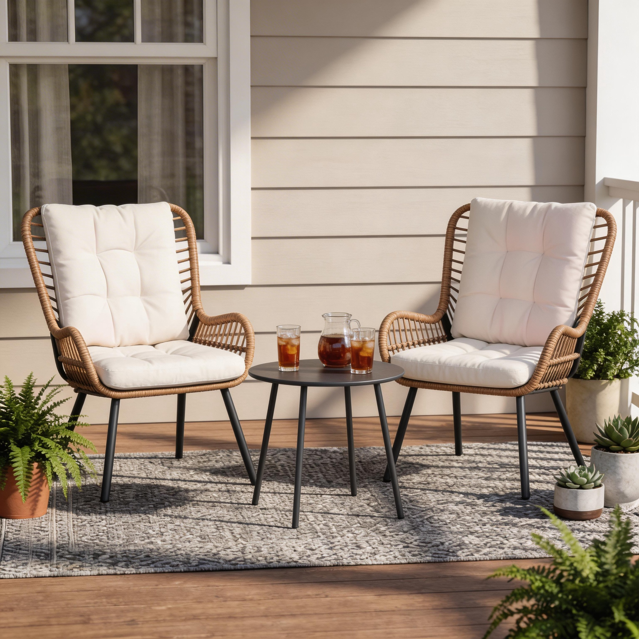 LAUSAINT HOME 3-Piece Patio Furniture Set, High Back Outdoor Bistro with Coffee Table & Beige Cushions for Garden or Deck