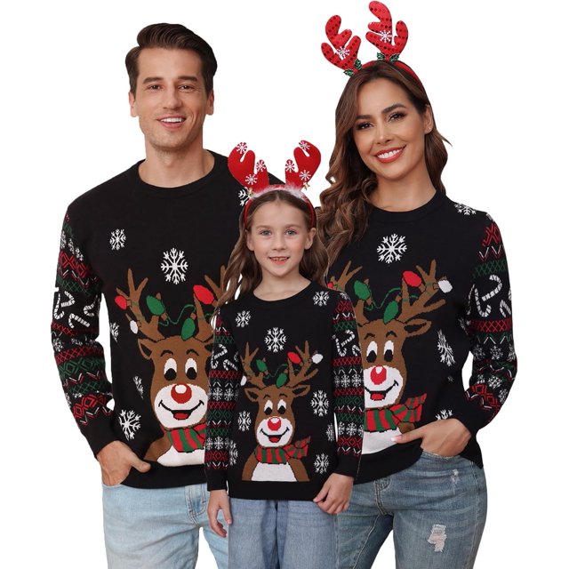 Marvmys Chandail de Noël Assorti pour la Famille Col Rond Rennes Flocons de Neige Chandail Tricoté Laid pour Hommes Femmes