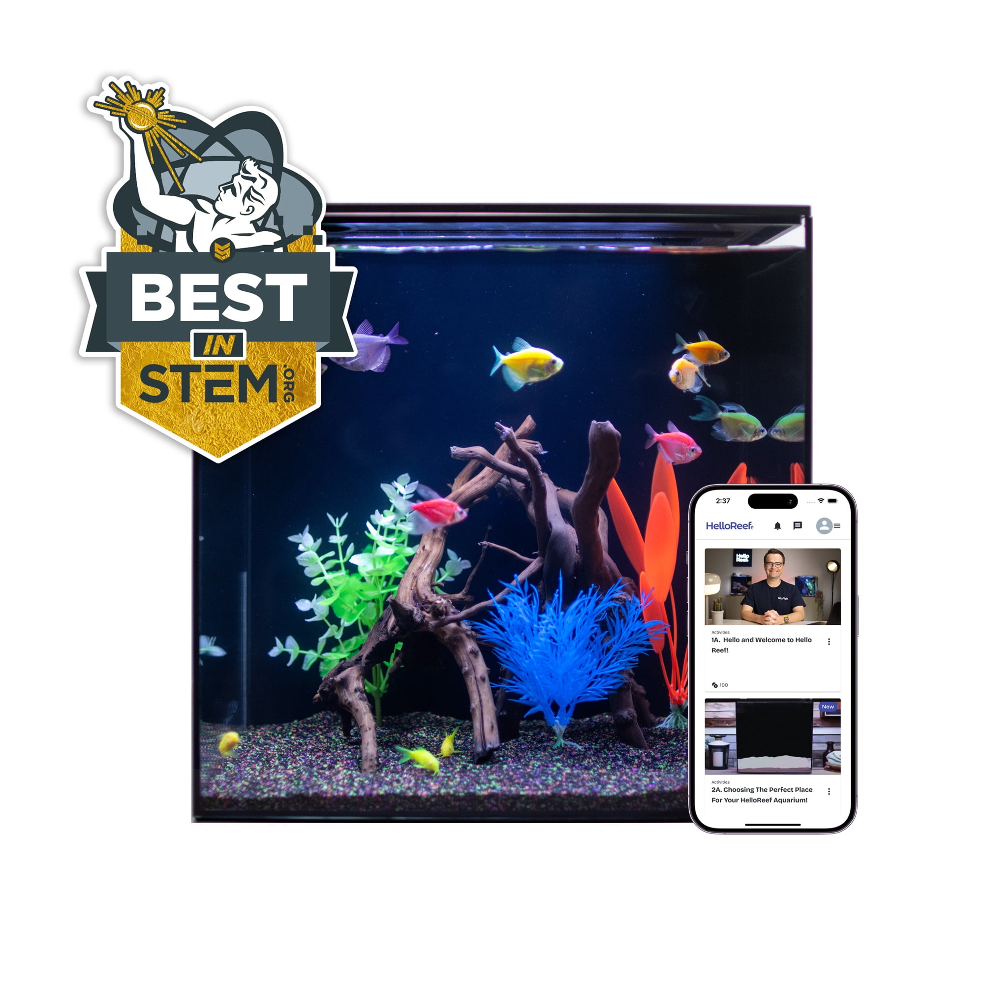 HelloReef 15 Gallon GloFish Complete Freshwater Aquarium Kit with App Controlled Smart LED Lighting, Filtration, GloFish Decor, and Guided Online Learning Center