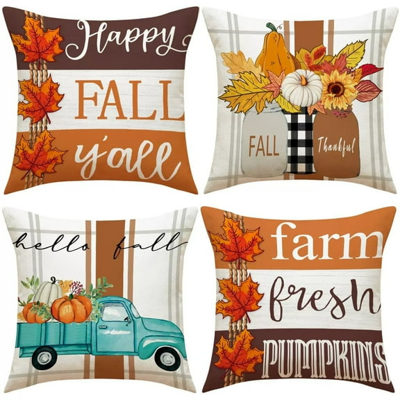 Fall Pillow Covers 18x18 Inch Set of 4,Farmhouse Autumn Decorative Throw Pillow, Maple Leaf Pumpkins Truck Mason Jars for Farmhouse Home Party Thanksgiving Decor