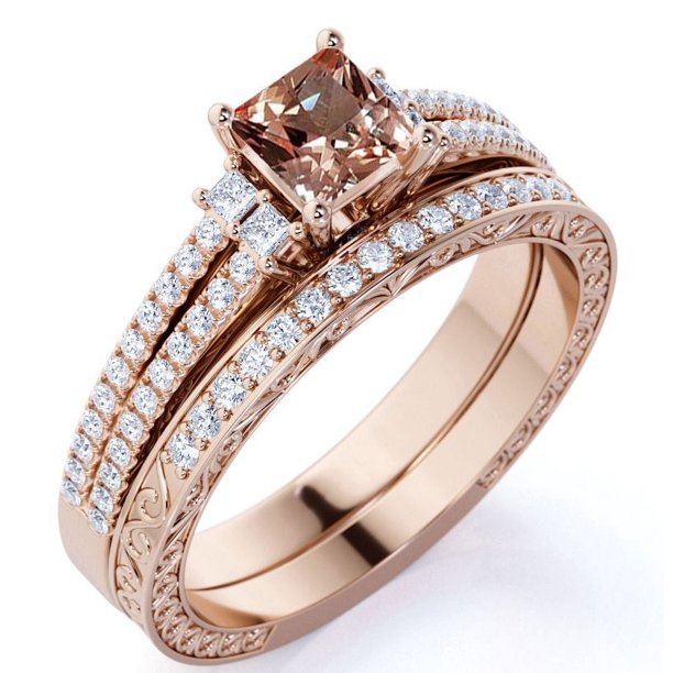 JeenMata Conjunto Nupcial de Morganita Creada en Corte Princesa de 2 Quilates - Conjunto Nupcial - Conjunto de Trío Nupcial - Anillo en Racimo - Oro Rosa de 18 K sobre Plata