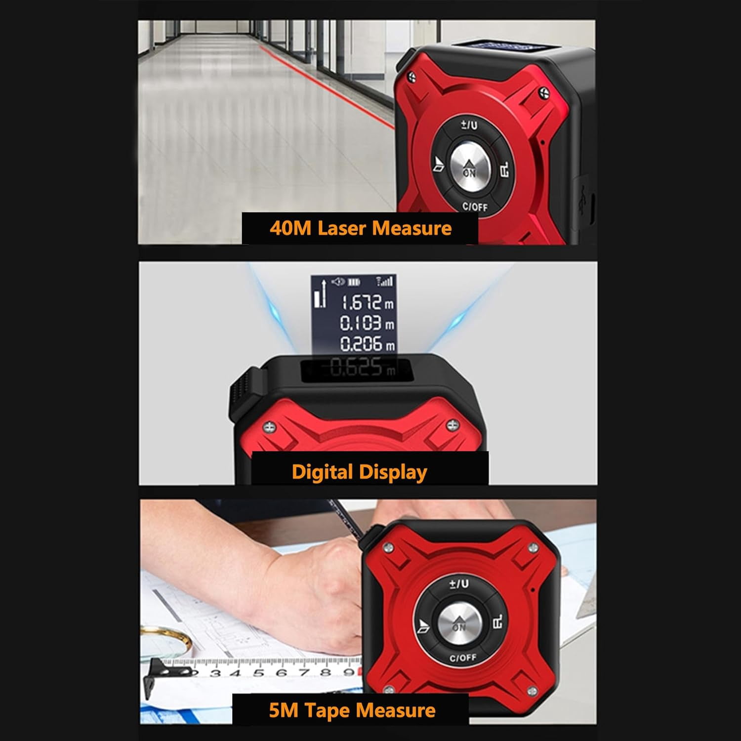 Digital Laser Tape Measure: 3-in-1 Digital Tape Measure with Laser Level, 131Ft/40m Infrared Laser Measuring Tape with Digital Display, 16ft/5m Rechargeable Electronic Tape Measure (Red)