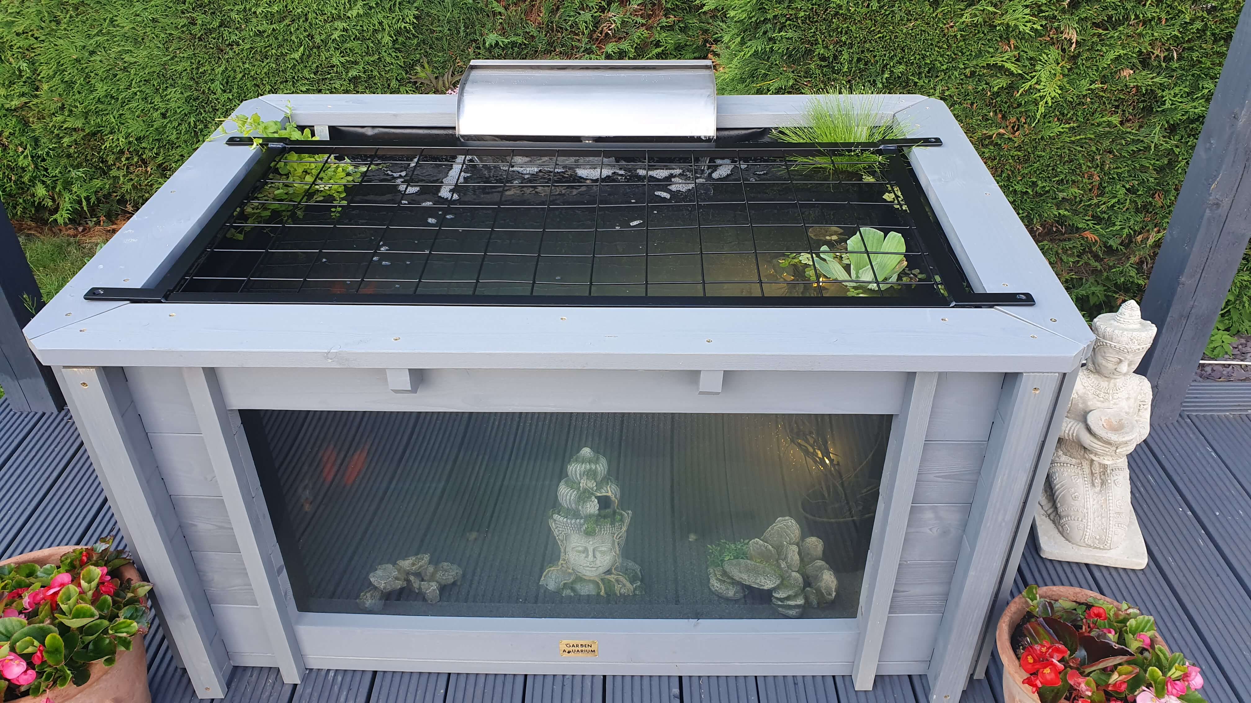 Raised Rectangle Wood Pond with Large Window Iris Clear View Garden Aquarium in Gray - 138 Gallon.