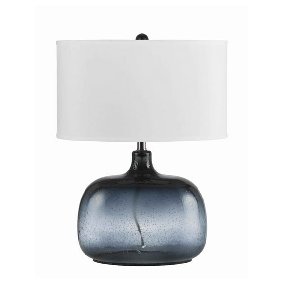 Glass Body Table Lamp with Drum Shade and Bubble Design, Blue and White- Saltoro Sherpi