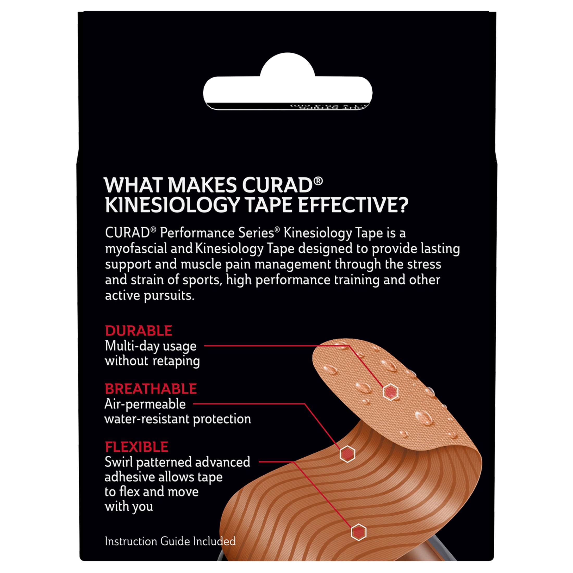 (3 pack) CURAD® Performance Series® Kinesiology Tape, Pain Management Technology, Sweat & Water-Resistant Athletic Tape, Beige, 2 in x 10 in, 1 Roll, 20 Strips