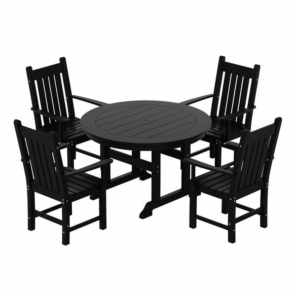 WestinTrends Malibu 5 Piece Patio Dining Set, All Weather Poly Lumber Outdoor Table and Chairs Furniture Set, 47" Round Dining Table with Umbrella Hole and 4 Arm Chairs, Black