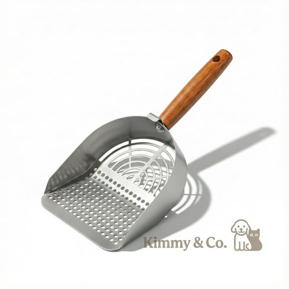 Kimmy&Co Solid Wood Cat Litter Scoop - Heavy Duty Non-Stick Metal Sifter - Deep Shovel for Easy Cleaning