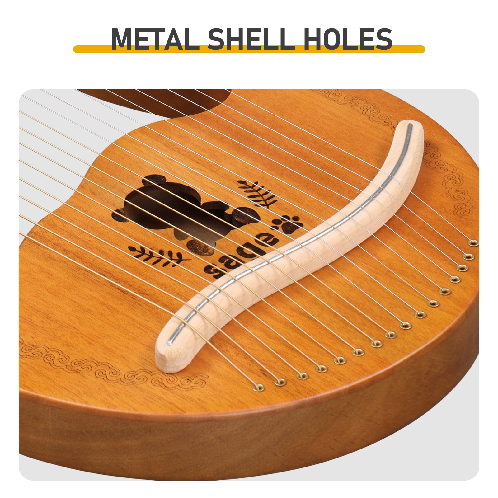 16-String Box Lyre Harp, Sapele Wood Lap Harp with Panda Motif, Steel Strings, Tuning Wrench and Padded Bag for Beginners and Kids