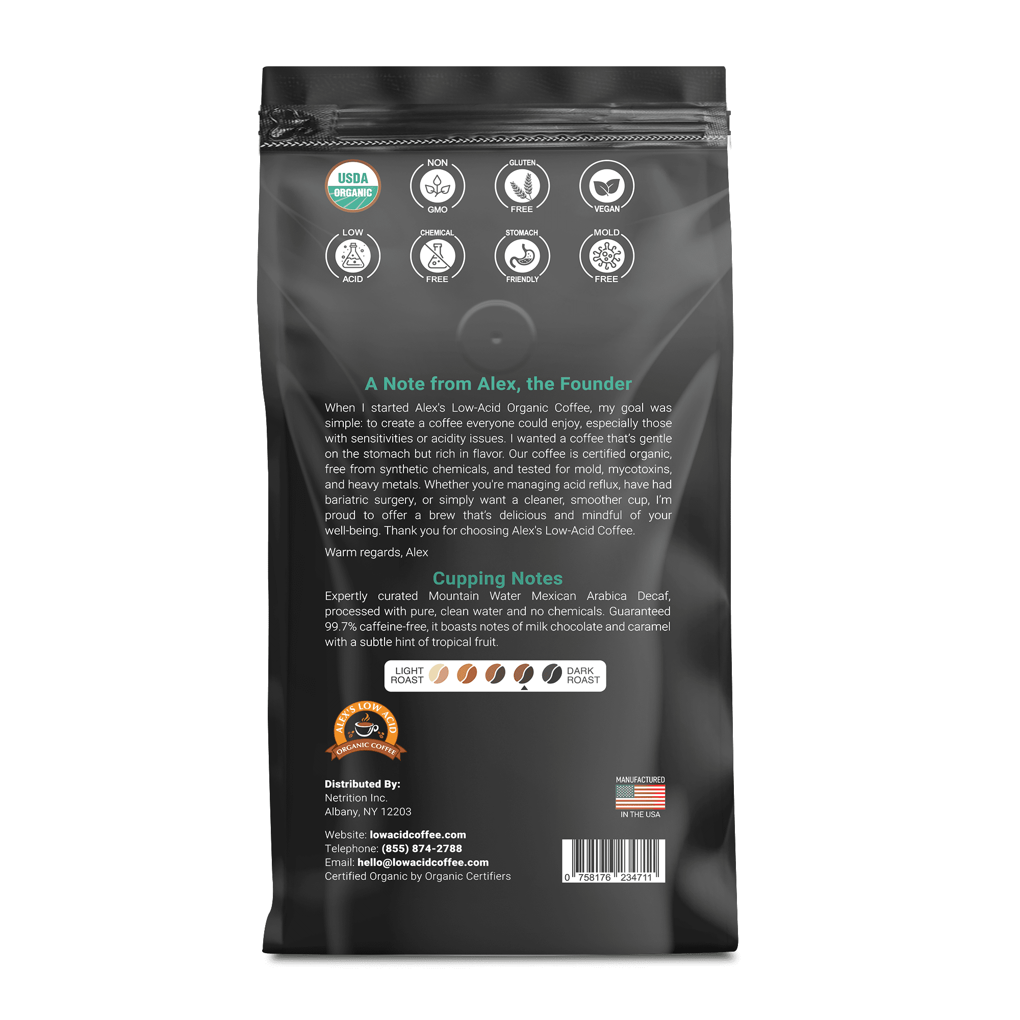 Alex's Low Acid Organic Coffee - Decaf Fresh Ground (12oz) Size: 6 Bags