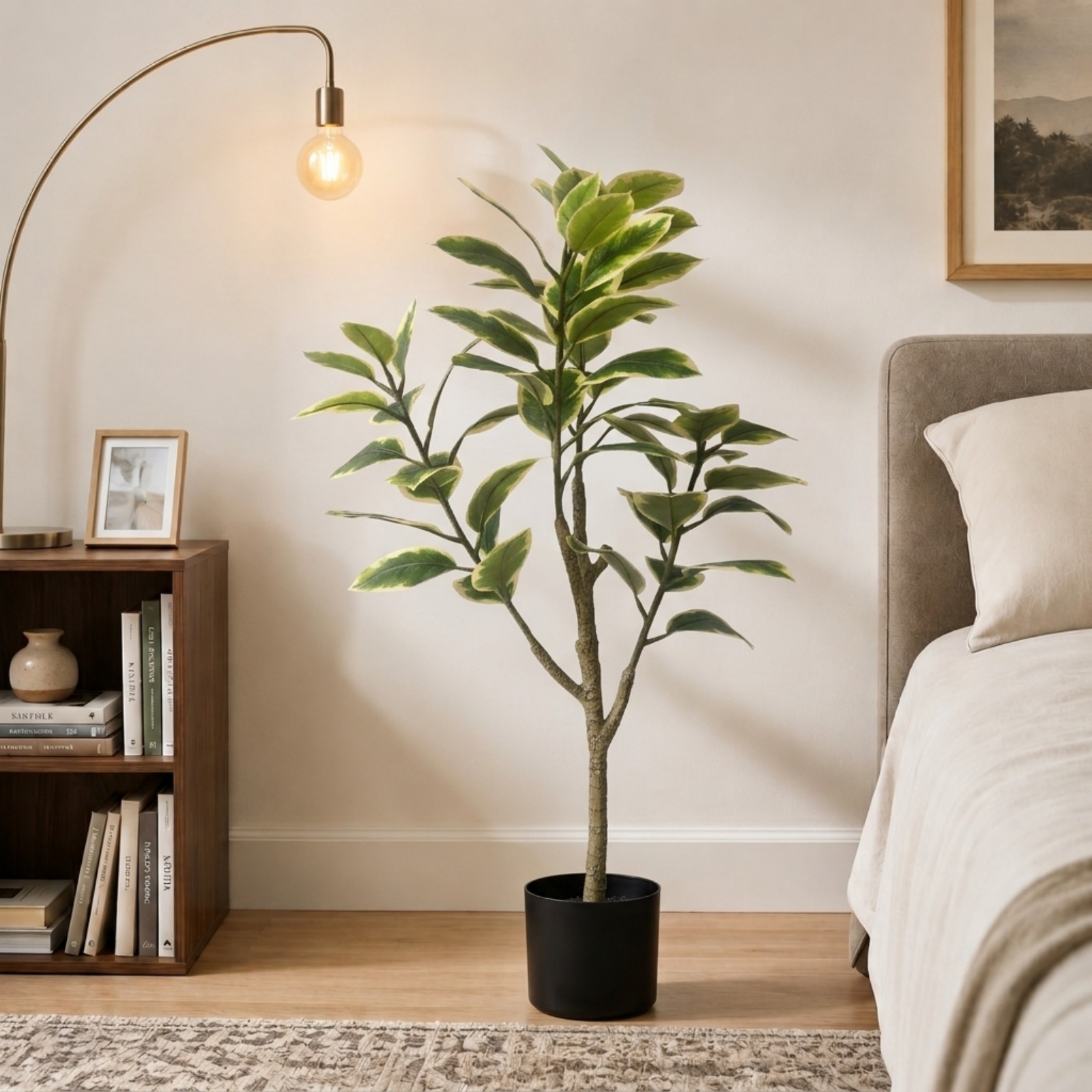 BEAUTYPEAK 4.9FT Artificial Plant Fake Indoor Rubber Tree Decorative Outdoor Greenery in Black Pot