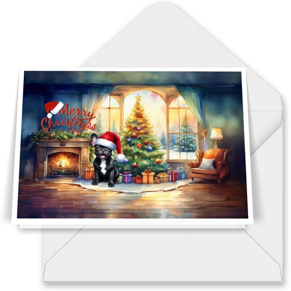 Merry Christmas French Bulldog Santa Hat Xmas Tree Winter Holiday 7x5in Folded Greeting Card Dog Lover Gifts Single Note Card with Envelope - 01013