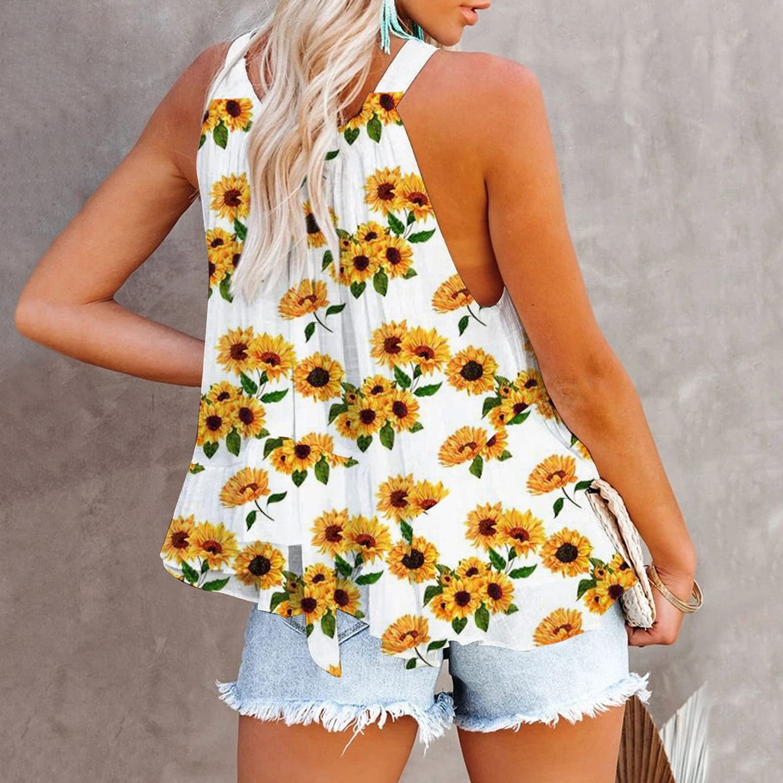 Jggspwm Women Daisy Sunflower Pint Tank Tops Sleeveless Shirts Halter Neck Tees Ruffle Flowy Vest Summer Casual Tops Loose Fit Comfy Tshirts Black S