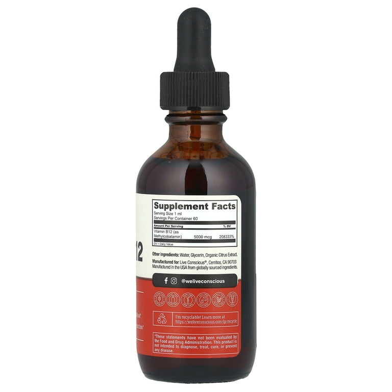 Live Conscious Vegan B12 Sublingual Drops, 5000 mcg, 60 Servings
