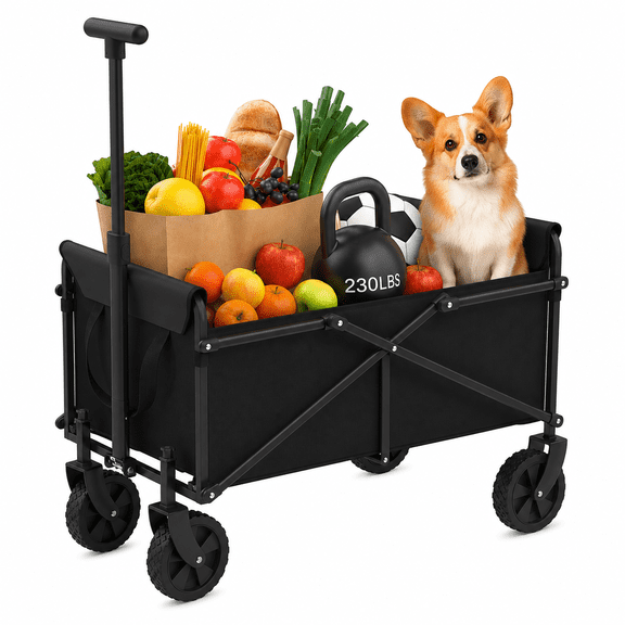 BTY Collapsible Folding Wagon, 230LBS Large Heavy Duty Utility Cart with All-Terrain Wheels and Adjustable Handles for Shopping, Camping, Sports, Outdoor, Beach, Black