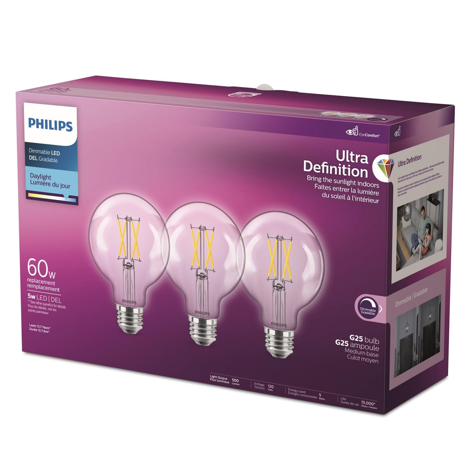 Philips UltraDefinition LED G25 E26 60W Equivalent Globe Light Bulb, Dimmable Day light (5000K) 3-Pack