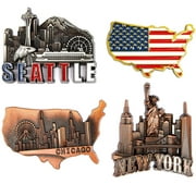 Juvale American Magnets for Fridge - Pack of 4 - New York, Chicago, Seattle, US Flag