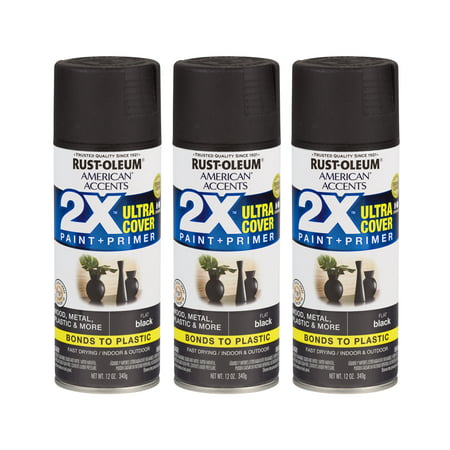 (3 Pack) Rust-Oleum American Accents Ultra Cover 2X Flat Black Spray Paint and Primer in 1, 12