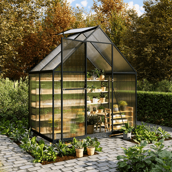 BaPiPro 4x6 ft Polycarbonate Panels Outdoor Greenhouse Sturdy Aluminum Frame, Large Walk-in Greenhouse UV Protection