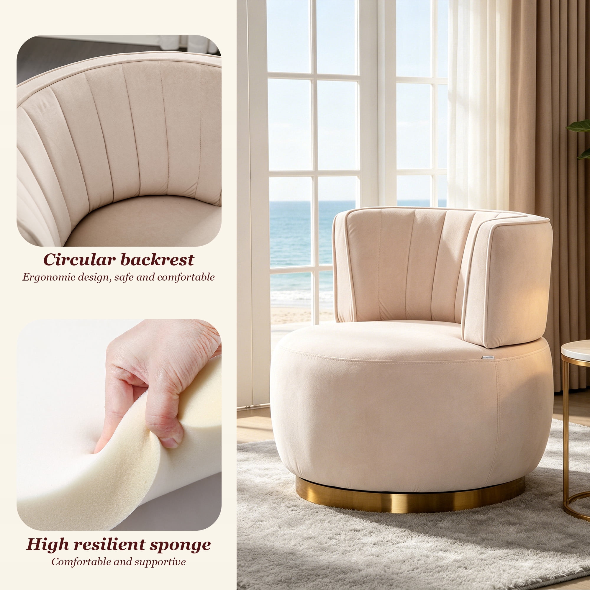 MOONMISS 360° Swivel Barrel Accent Chairs, Round Armchairs with Wide Upholstered, for Living Room, Bedroom, Beige