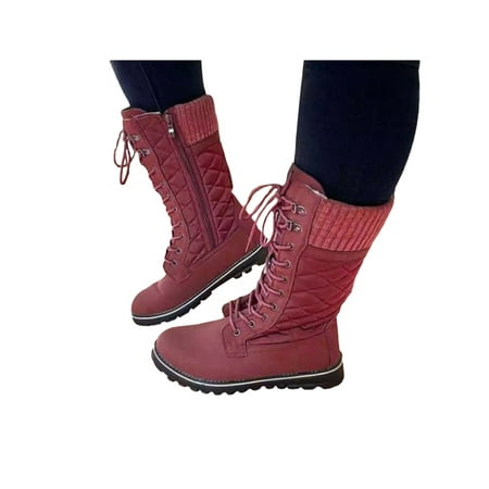 

UKAP Women Round Toe Winter Mid Calf Boots Lace Up Casual Flat Heel Zipper Boots