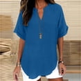 thumbnail image 4 of Womens Cotton Linen Tunic Tops Half Sleeve V Neck Pullover Tshirts Elbow Length Sleeve Blouses Dressy Casual Summer Trendy Loose Fit Boho Gauze Shirts Plus Size Flowy Outfits Blue Xxl, 4 of 6