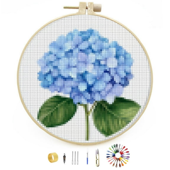 Beautiful Hydrangea Flower Easy Stamped Cross Stitch Kits for Beginners with Hoop Simple Patterns 11CT Counted Embroidery Needlepoint Crafts Arts for DIY Enthusiasts and Home Decor 26x26cm(1)