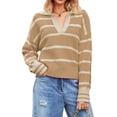 thumbnail image 3 of Xuanfei Women Striped Colorblock Lapel Collar V Neck Long Sleeve Knit Sweater, 3 of 6