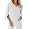 thumbnail image 2 of Womens Clothing Homenesgenics Womens Tops Womens Tops 3/4 Sleeve Women's Fashion V-Neck Middle Sleeve Loose Shirt Solid Color White L, 2 of 3