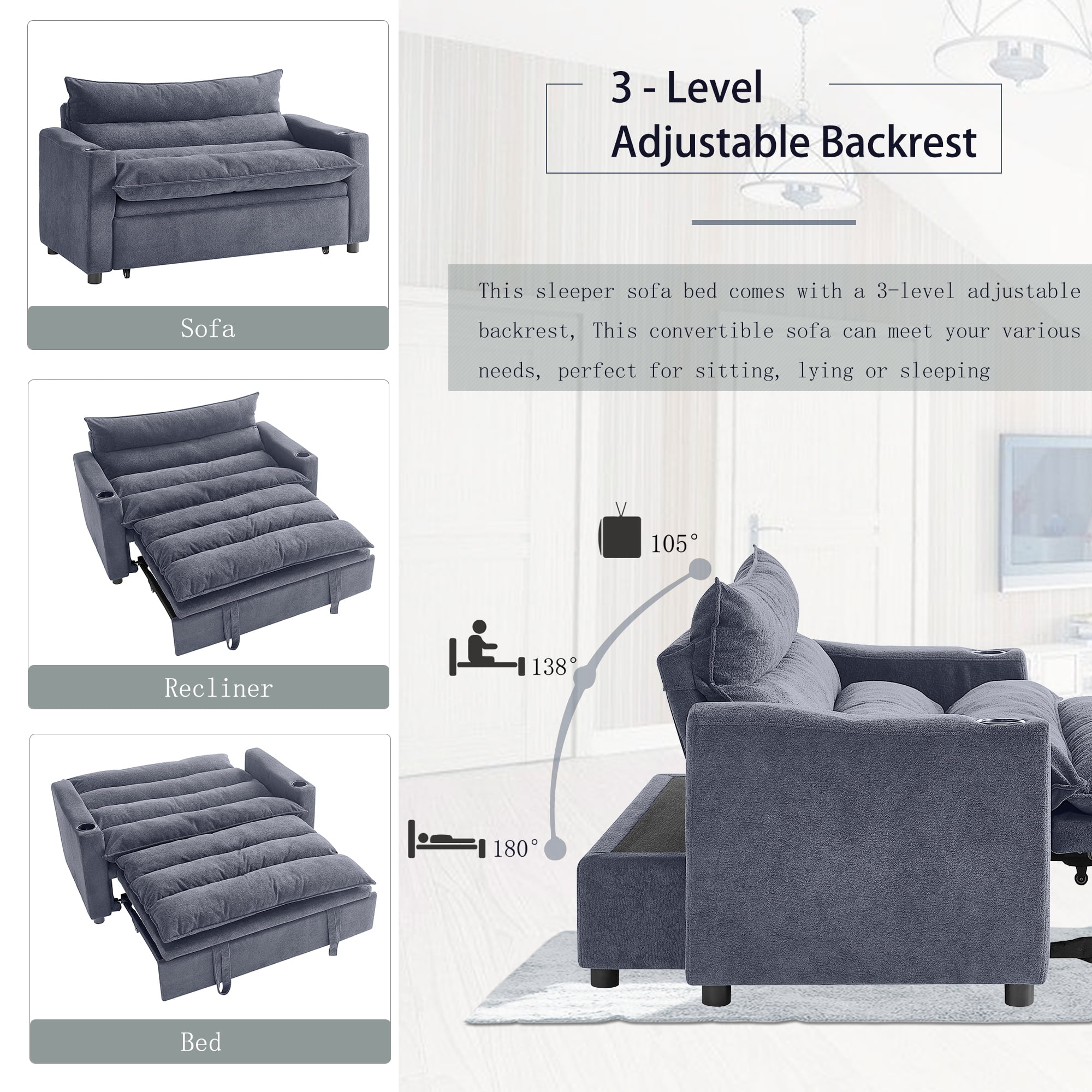 Aukfa 3 in 1 Convertible Pull Out Sofa Bed, Loveseat Sleeper with Thick Pad and Cup Holders for Living Room, Bedroom, Small Space, Gray