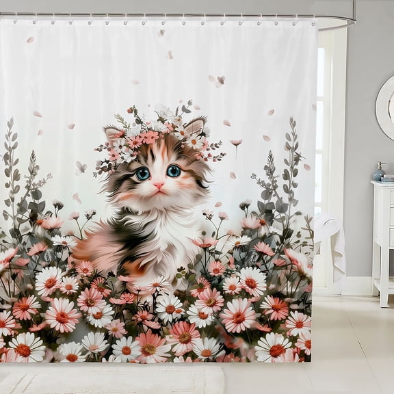 Manfei Cute Cat Shower Curtain 72Wx72L, Cartoon Kitten Animal Bathroom Curtain, Pink White