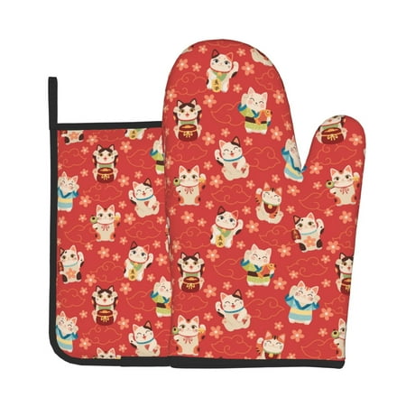 

Vsdgher Japanese Maneki Cats Oven Mitts and Pot Holders 2 pcs Set High Heat Resistant Kitchen Oven Glove for Baking and Cooking