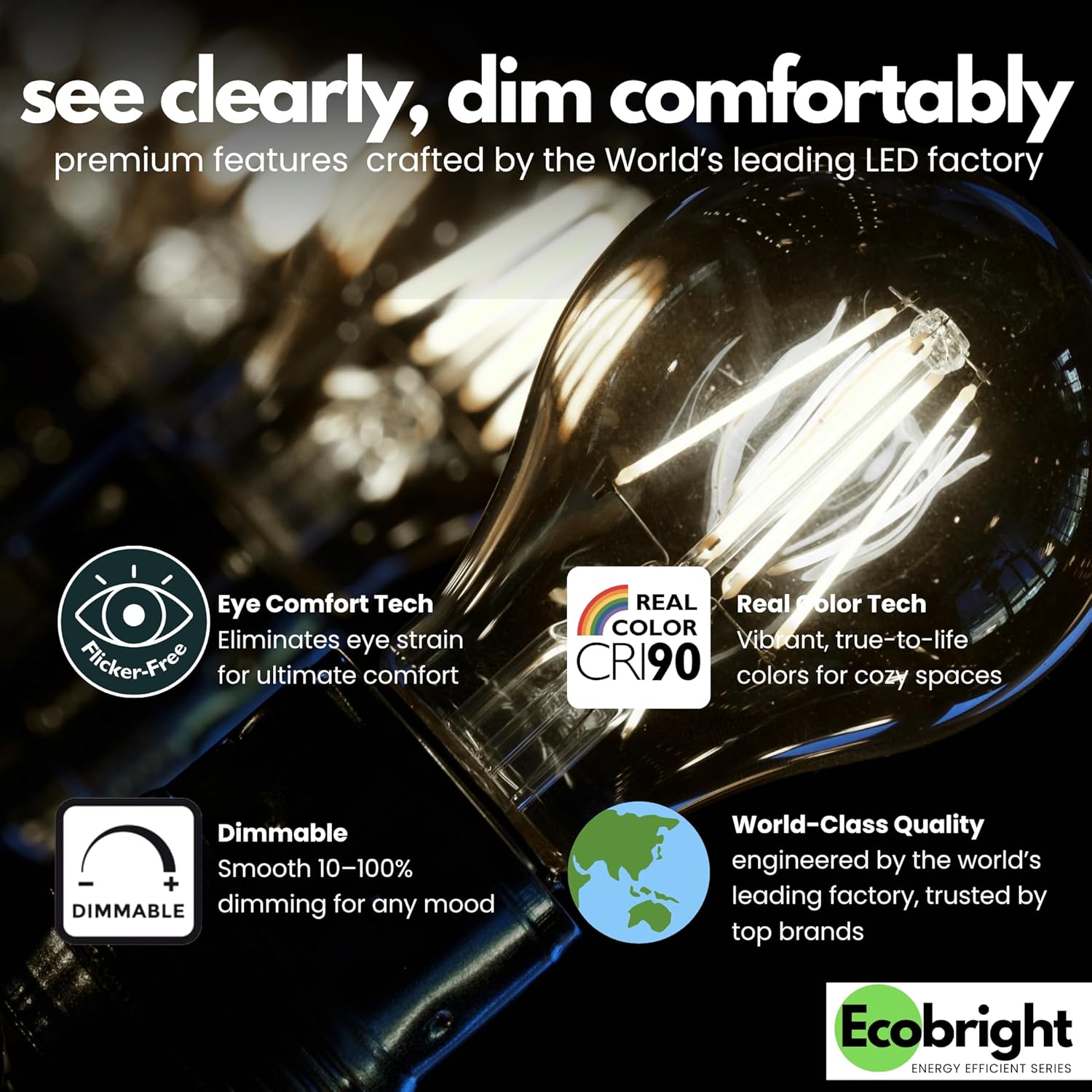LafoHome EcoBright A19 LED Filament Bulb, 100W Equivalent, 5000K Daylight, Dimmable, 4-Pack