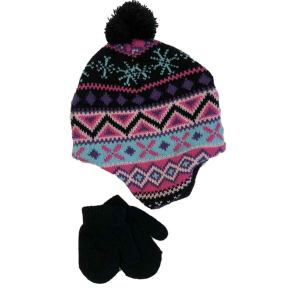 Infant Girls Black Nordic Print Knit Baby Pom Beanie & Mittens Trapper Hat Set