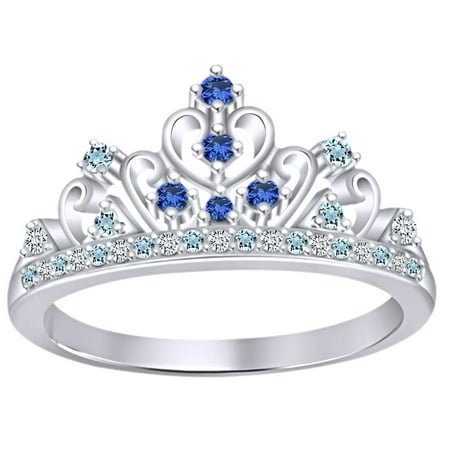 Wedding Style Ring Round Cut Simulated Multi Stone Cinderella Princess Style Engagement Wedding Crown Ring In 14k White Gold Over Sterling Silver With Ring Size 4 ()