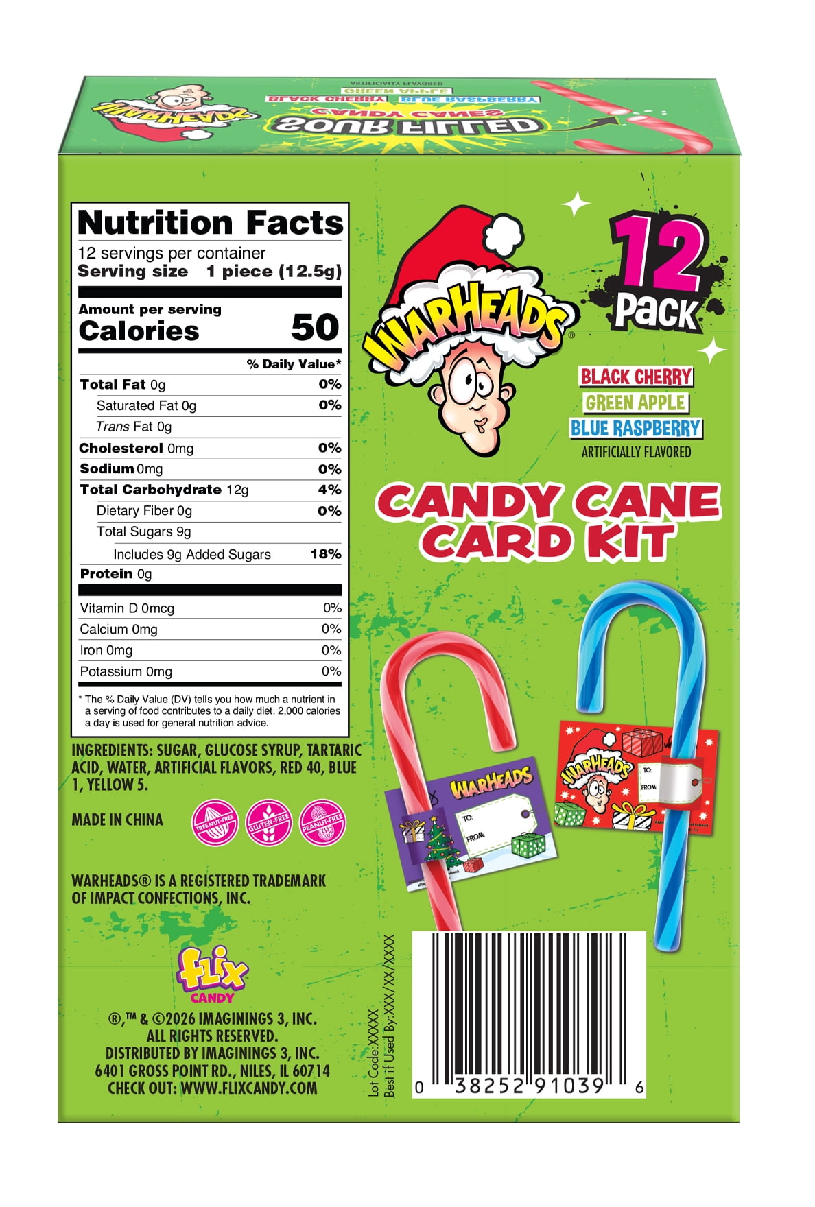 (2 pack) Flix Candy Warheads Sour Christmas Candy Canes, Peanut & Gluten-Free, 12 Variety Pack