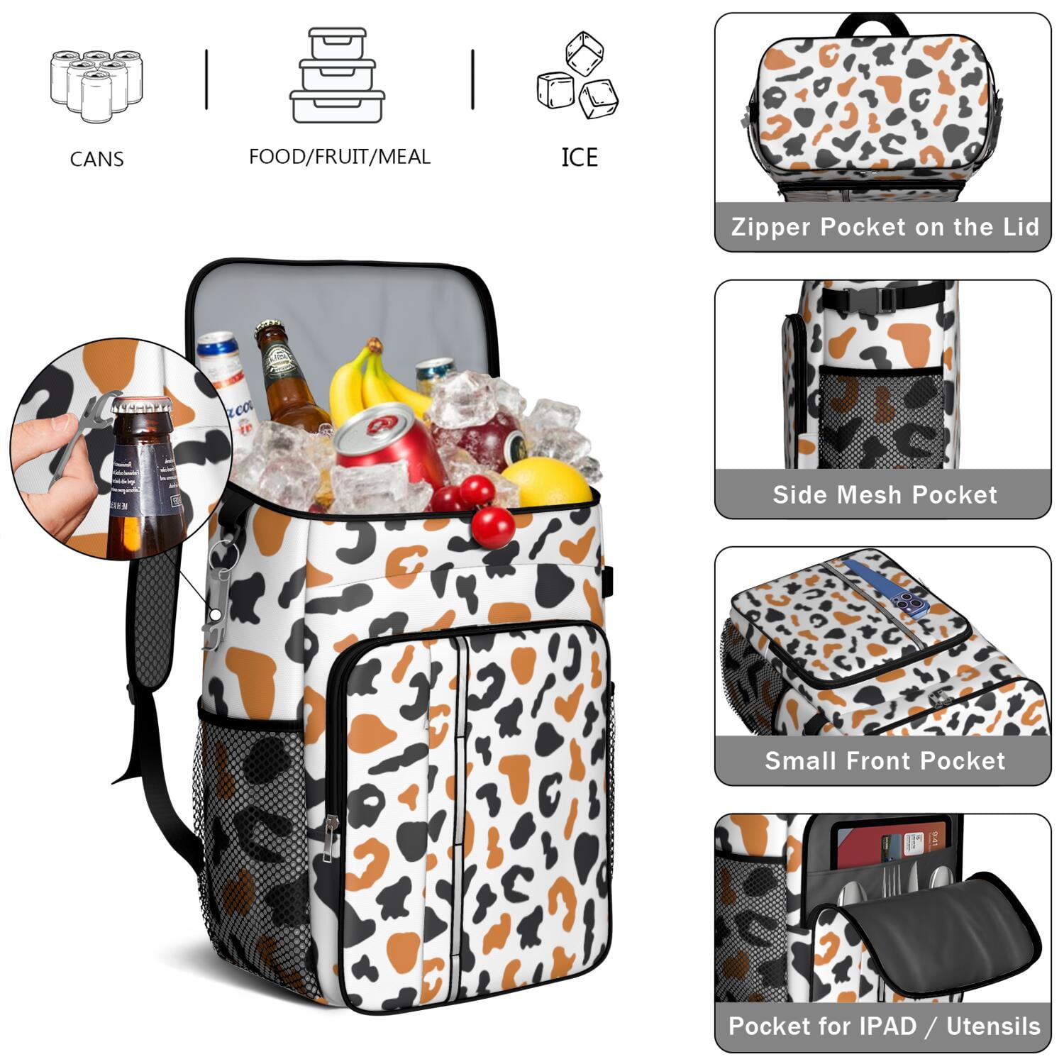 Travel Cooler Bag - White and Orange Of Leopard Print Camping Beer Cooler Backpack with Bottle Opener- Waterproof Insulated Picnic Backpacks - Cooler Bag for Beach