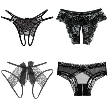 Women's 4in1 Sexy Open Crotch Panties Black Collection Low Rise Thong Lingerie Lace G-string Sleepwear Clothing Dresses Backless Knicker for Girlfriend Wife