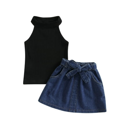 

Wassery Toddle Girls Jean Skirt Set Knitting Sleeveless Vest Tops + A-Lined Denim Short Skirt + Waist Belt 3Pcs Summer Casual Clothes Outfits