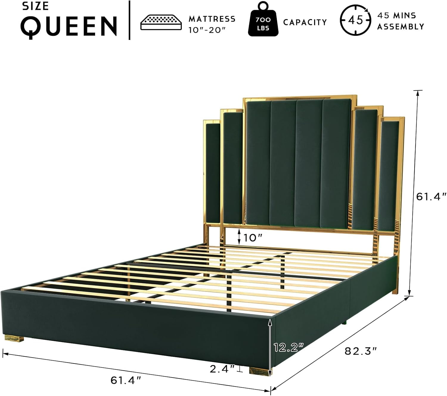 PLAUIN Upholstered Queen Bed Frame with 61" Headboard, Golden Plating Trim, Green