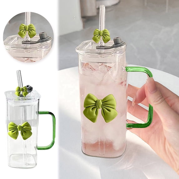 Win s Way Cute Square Glass Cup with Lid and Straw, 13oz Green Bow Glass Tumbler with Handle