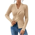 thumbnail image 3 of Sweaters for Women Fall Long Sleeve V Neck Ribbed Knit Sweater Slim Fit Solid Basic Casual Tops Khaki S, 3 of 9