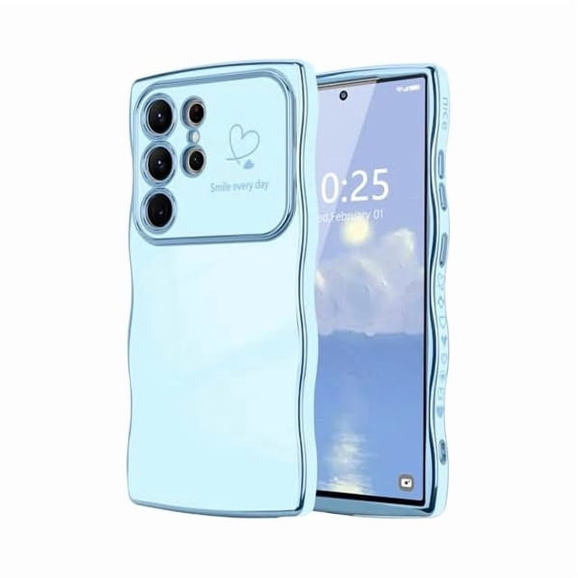 Chenchen for Samsung Galaxy S26 Ultra Case for Women Girls, Cute Wave Frame Curly Shape with Love Heart Camera Protection Cover Luxury Plating Shockproof Phone Case for Galaxy S26 Ultra, Baby Blue