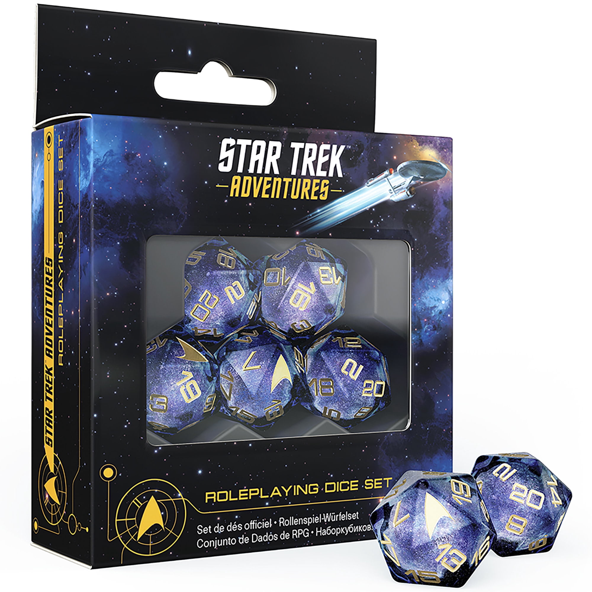 Star Trek Adventures: Second Edition - Roleplaying Dice Set - 5pc d20 RPG Die, Blue Black Starfield Galaxy, Gold Numbers-Icons, Collectible Accessory