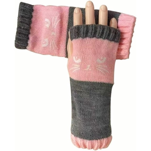 Women Cat Print Gloves Knit Half Finger Warm Winter Fingerless Mittens Soft Stretch Texting Gloves