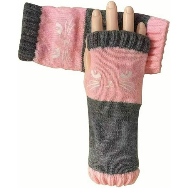 Cat Embroidered Knit Warm Gloves for Indoor Outdoor Use with Foldable Lightweight Aluminum Design 2PCS