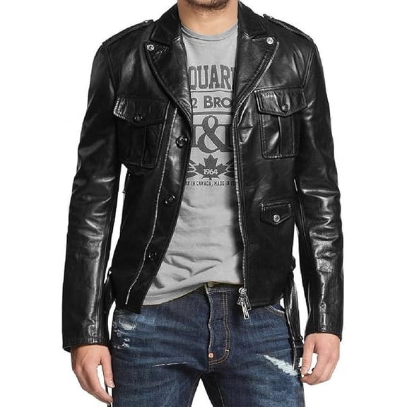 New Mens black Leather Jacket Slim Fit Biker Motorcycle Genuine Leather Coat A414
