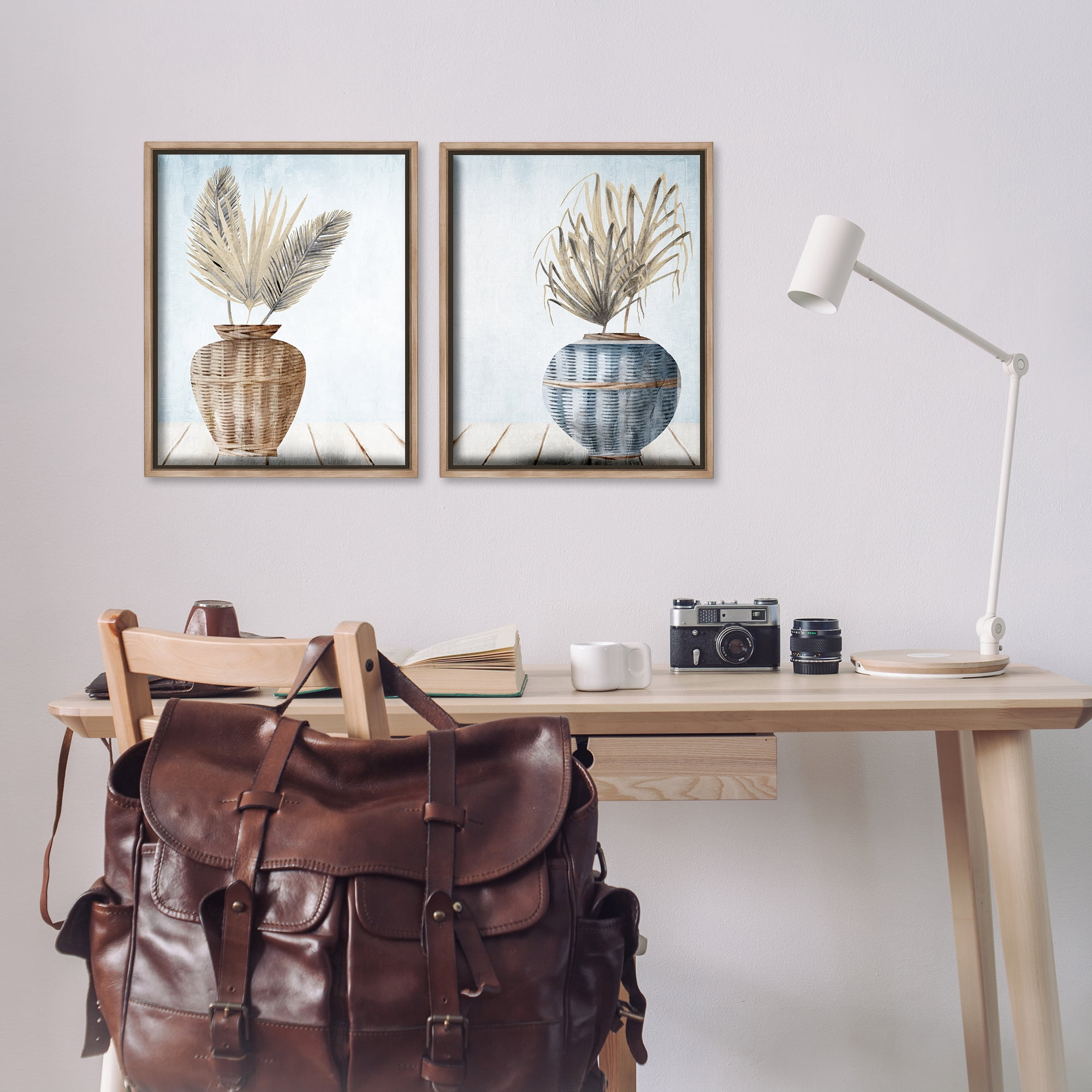 Stupell Industries Palms in Rattan Planters Floral & Botanical Painting Brown Floater Framed Canvas Art Print Wall Art, 17 x 21, Set of 2