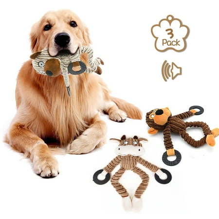 Squeaky Toys for Puppies, Value 3 Pack Set of Dog Chew Toy for Teething Chewing and Playtime, No Stuffing Plush Animal Dog Toy Set for Small Medium Large Dog
