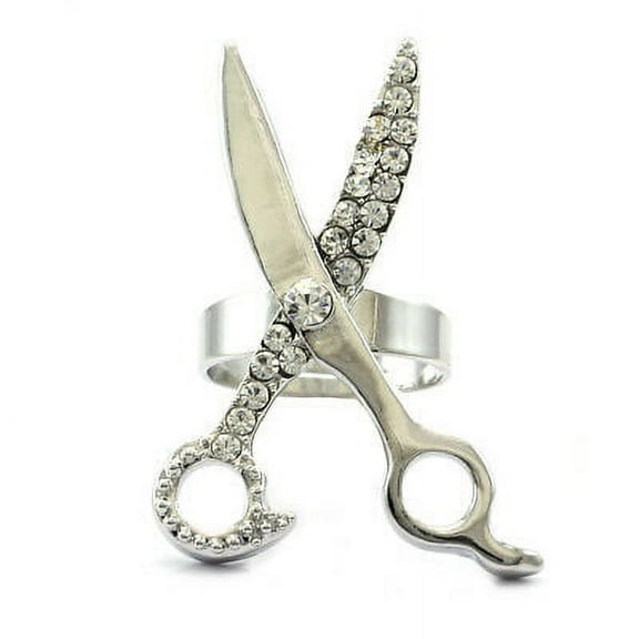 Scissors Ring High Polish Silver Tone Clear Stone Crystals Rhinestone Adjustable